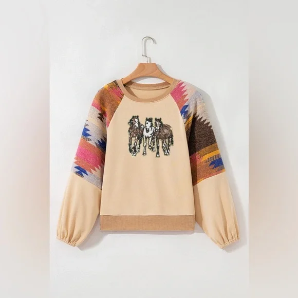 Beige Horse Sequin equestrian rodeo Aztec tribal sleeve sweatshirt pullover - Picture 6 of 7